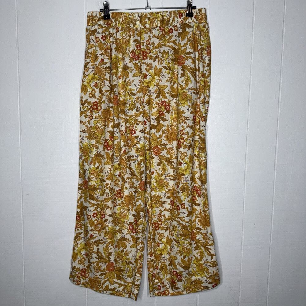 Rachel Zoe Women’s Linen Blend Floral Wide Leg Pants Yellow Boho Size XL